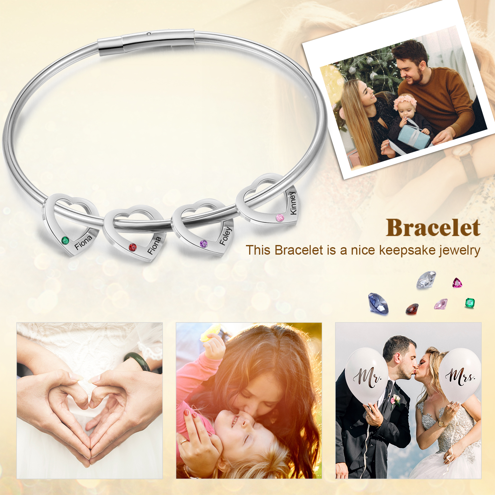 4 Names - Personalised Heart Bracelet with 4 Birthstones Custom Name & Birthstone Bracelet Gift for Her-Jessemade AU
