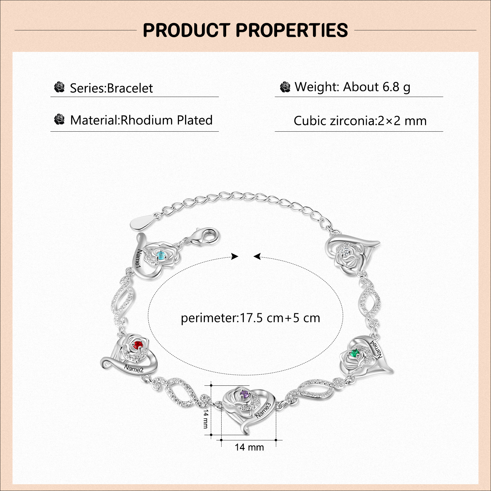 Flowers Bracelet Personalised 4 Birthstones Bracelet Engraved Names Flowers Charm Gifts For Her-Jessemade AU
