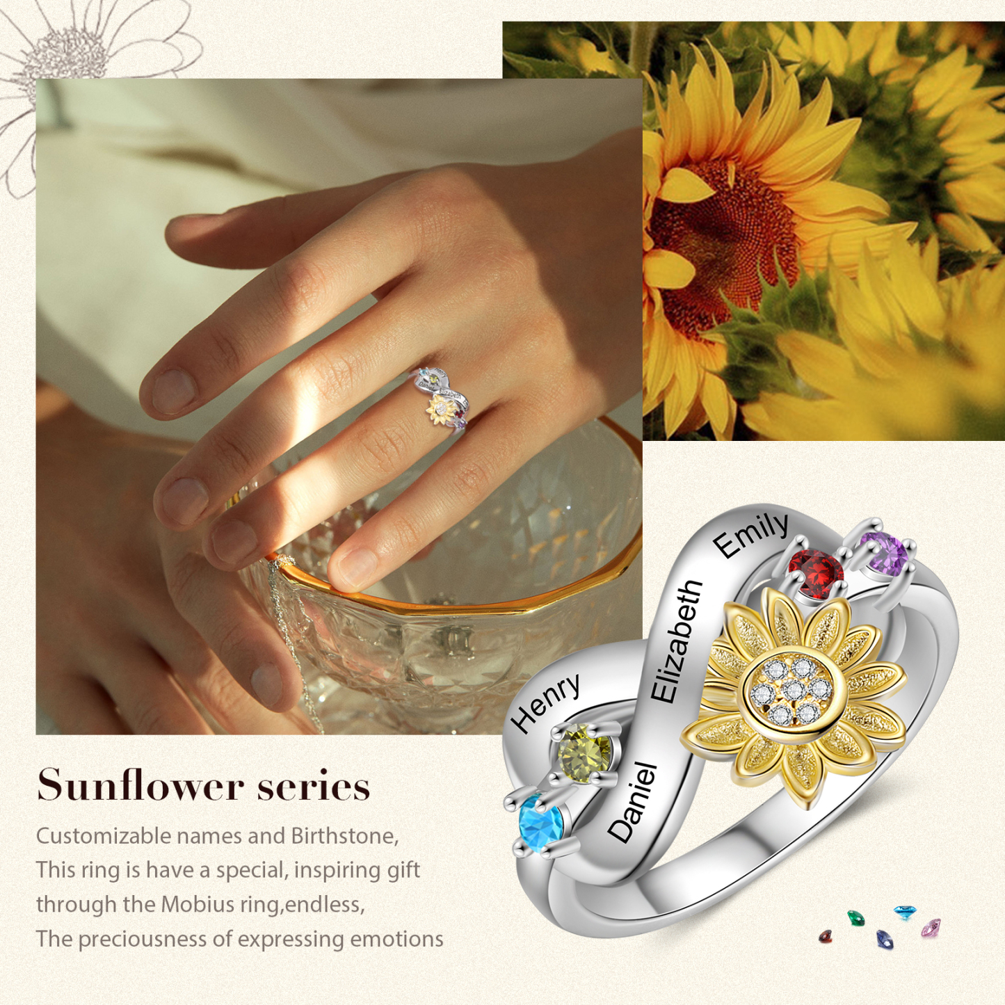 Personalised 4 Birthstones Sunflower Ring Engraved Names Infinity Ring Gifts For Her-Jessemade AU