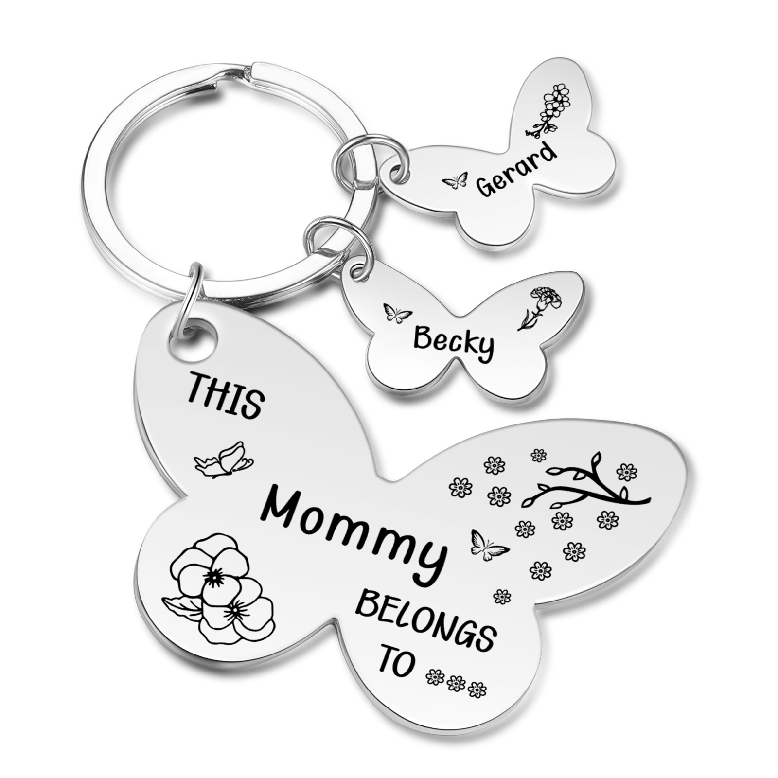Personalised 2 Names & 2 Birthday Flowers & 1 Text Keychain Custom Butterfly Family Keychain Gift for Mother/Grandma-Jessemade AU