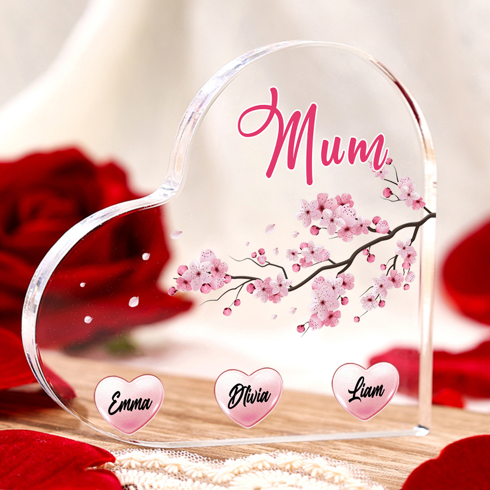 3 Names - Personalised Acrylic Heart Keepsake Custom Text Peach Blossom Ornaments Gifts for Grandma/Mother-Jessemade AU