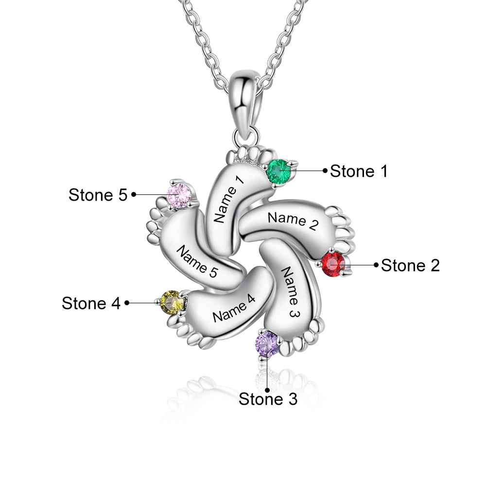 Personalised Baby Foot Necklace With 5 Birthstones Engraved Names Gift For Mother-Jessemade AU