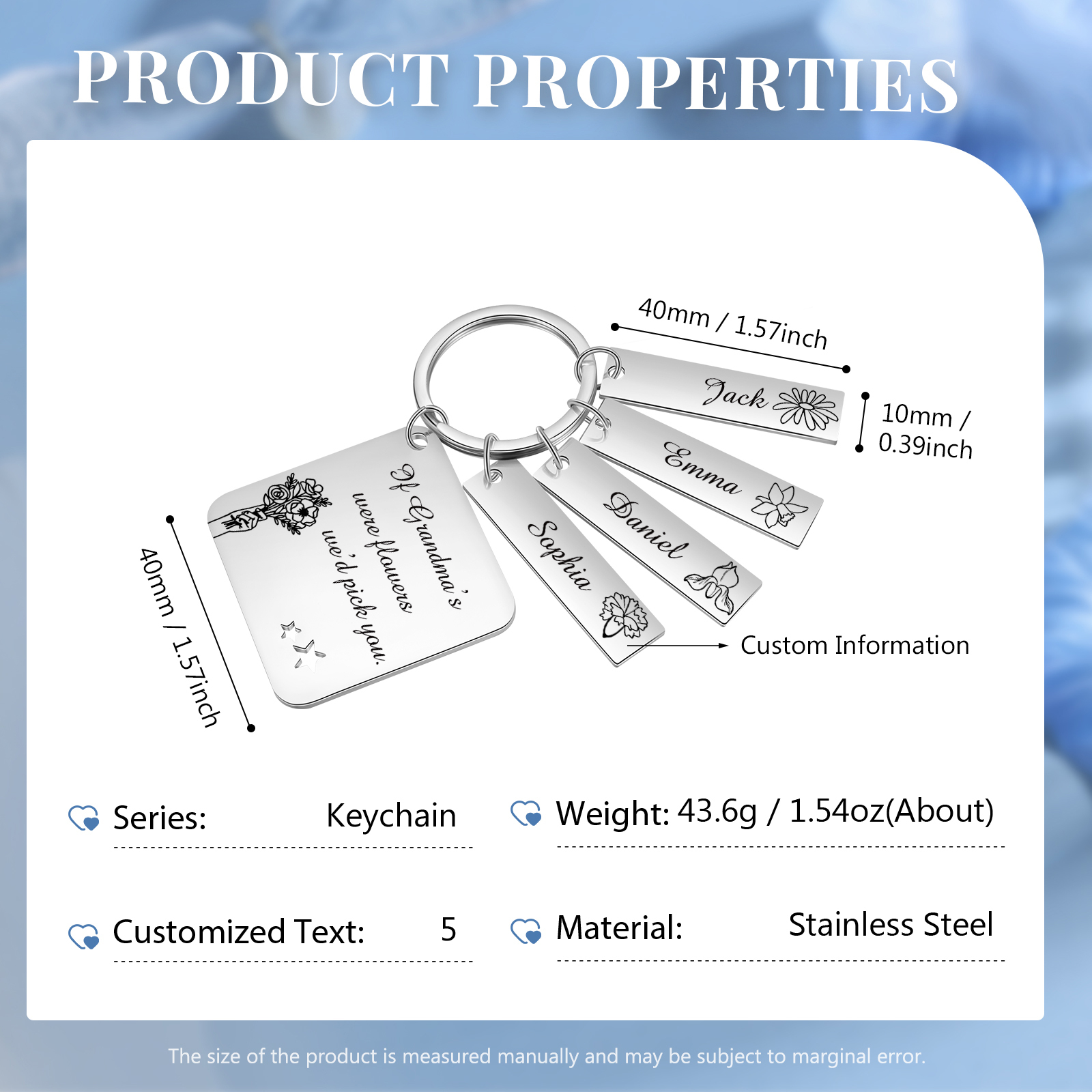 Personalised 4 Names & 4 Birth Flowers Keychain Custom Text Family Keychain Gifts for Mother/Grandma-Jessemade AU