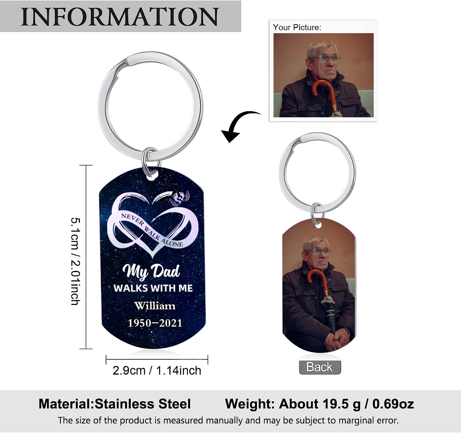 Memorial Photo Keychain Custom Name & Text & Date Keyring Infinite Love Personalised Gifts -  Never Walk Alone-Jessemade AU