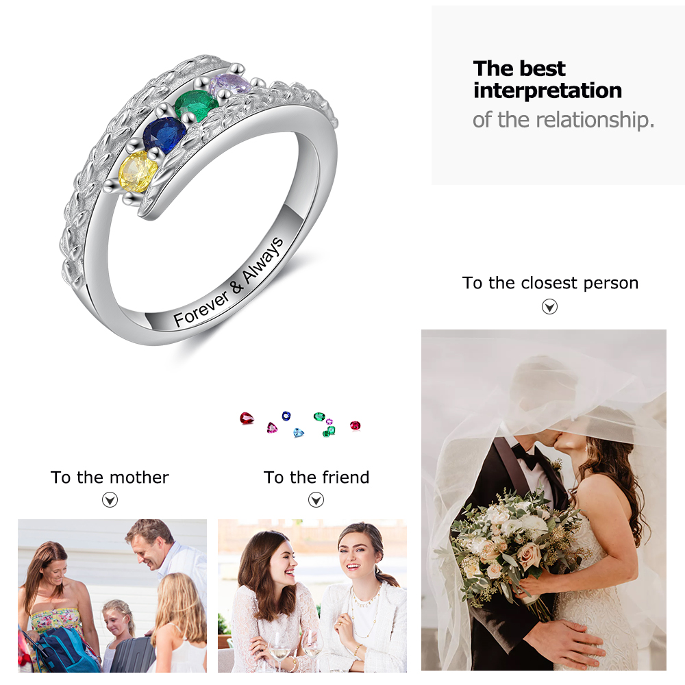 Personalised 4 Birthstones Ring Engraved Names Ring Gifts for Her-Jessemade AU