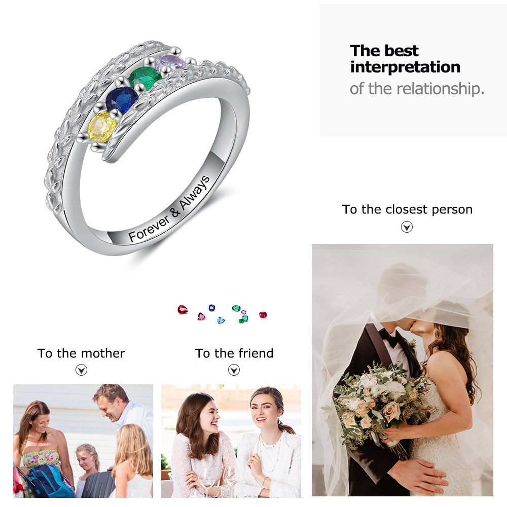 Personalised 4 Birthstones Ring Engraved Names Ring Gifts for Her-Jessemade AU