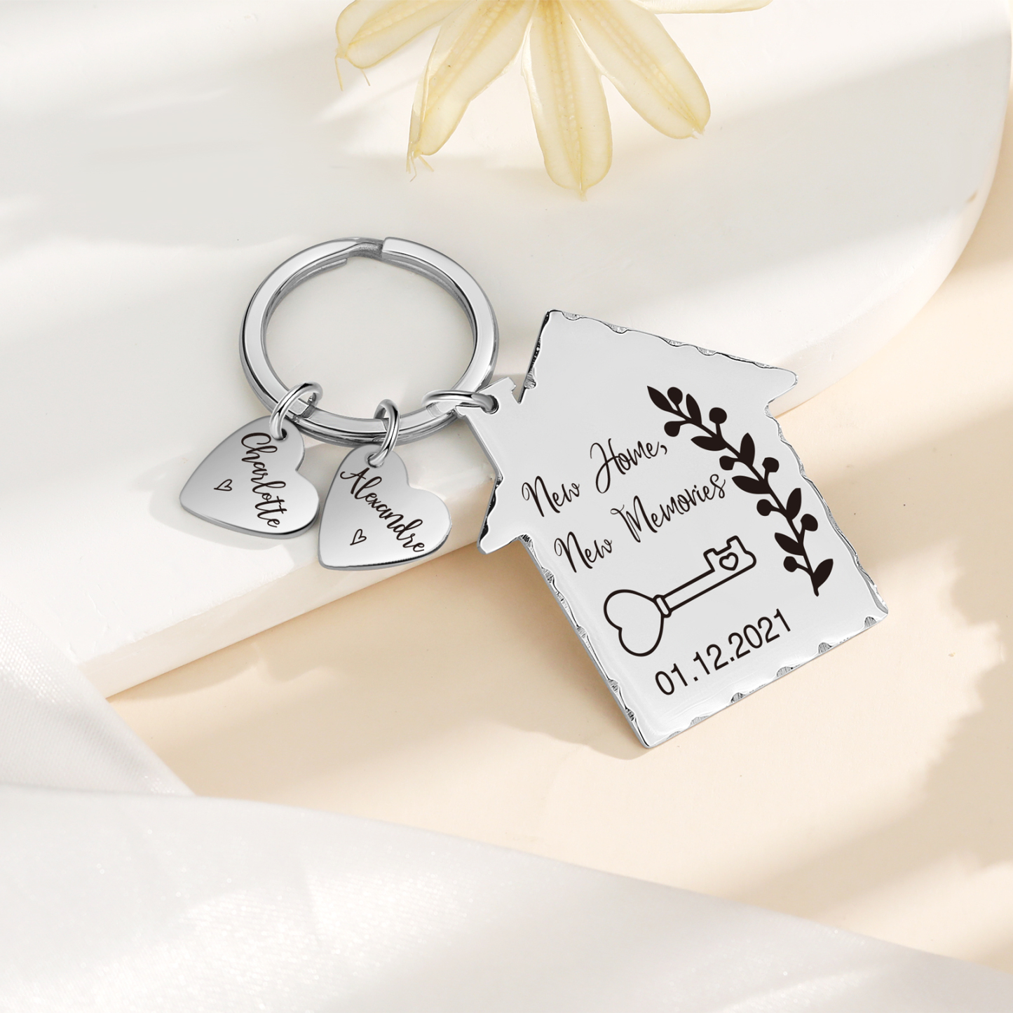 New Home Keychain Custom 2 Names & Date Keyring Stainless Steel Personalised Gift for Couples-Jessemade AU
