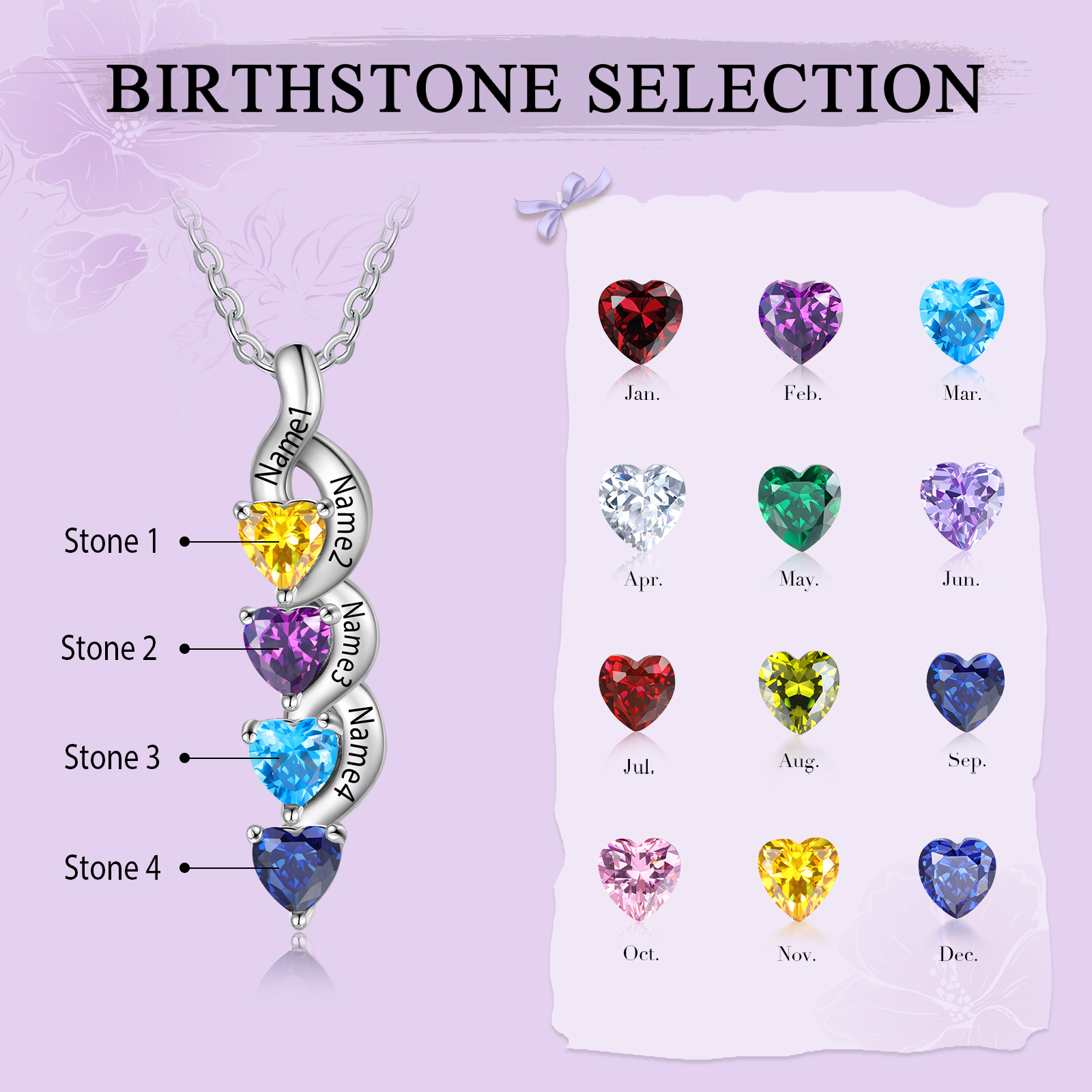 4 Names - Personalised Pendant Necklace Customised Names & Birthstones Necklace Birthday Gift for Women Girls-Jessemade AU