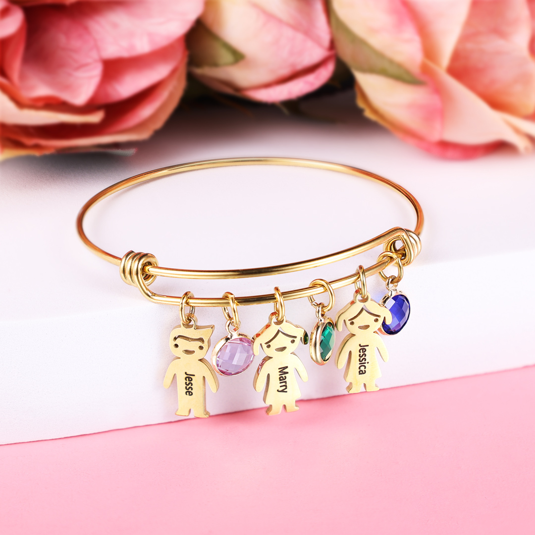 Personalised Kid Charms Bangle Bracelet With Names Customised 4 Birthstones Gift for Her-Jessemade AU