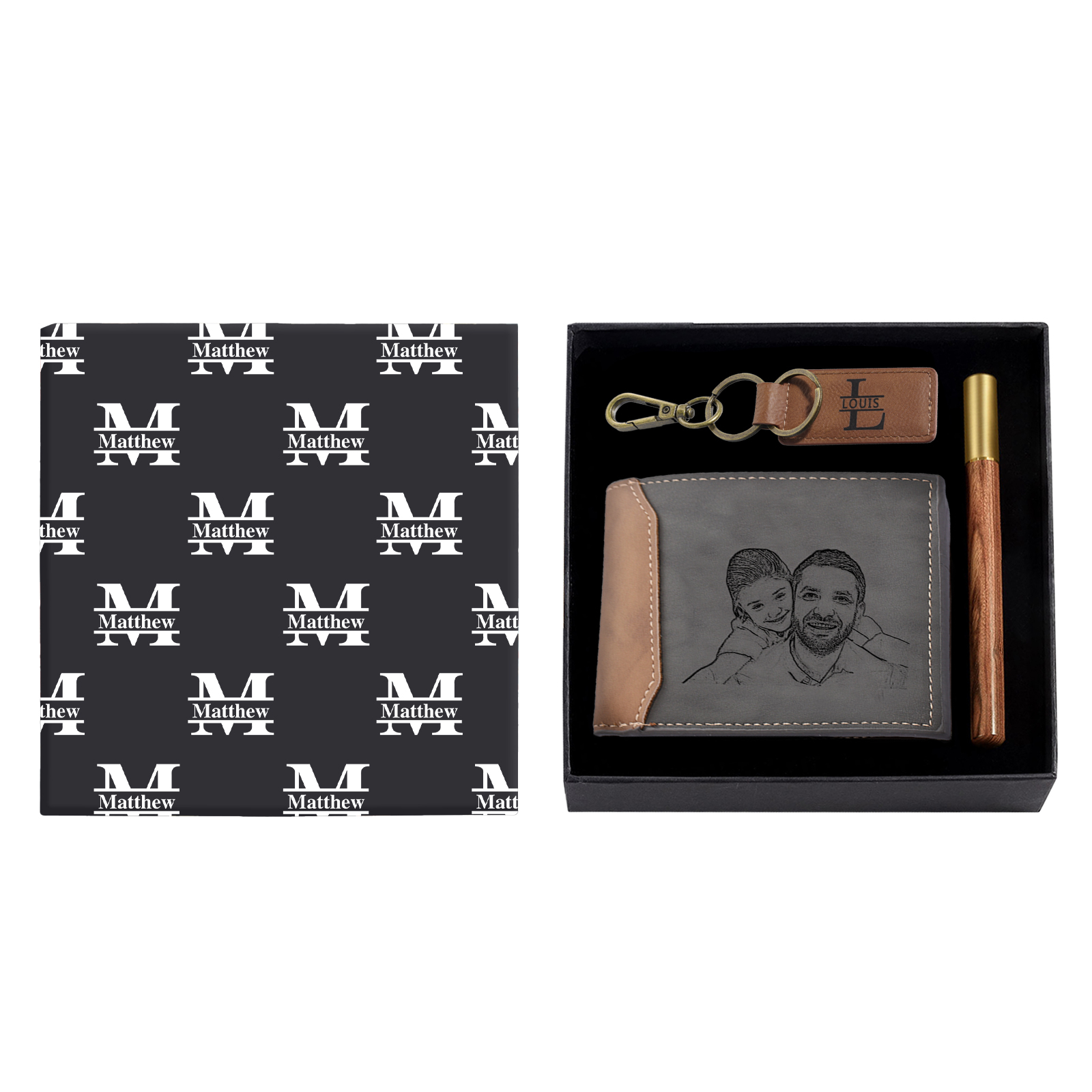 Personalised Photo & Text & Calendar & 2 Names & 2 Letters Gift Set Custom Wallet & Keychain & Pen Gift Box Set Gift for Dad/Grandpa-Jessemade AU