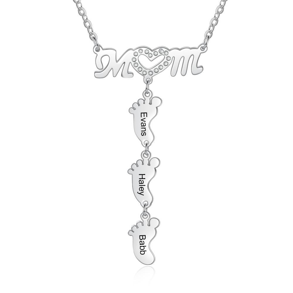 Mother Necklace with 3 Baby Feet Pendants Engraved 3 Names Mom Rose Gift Set