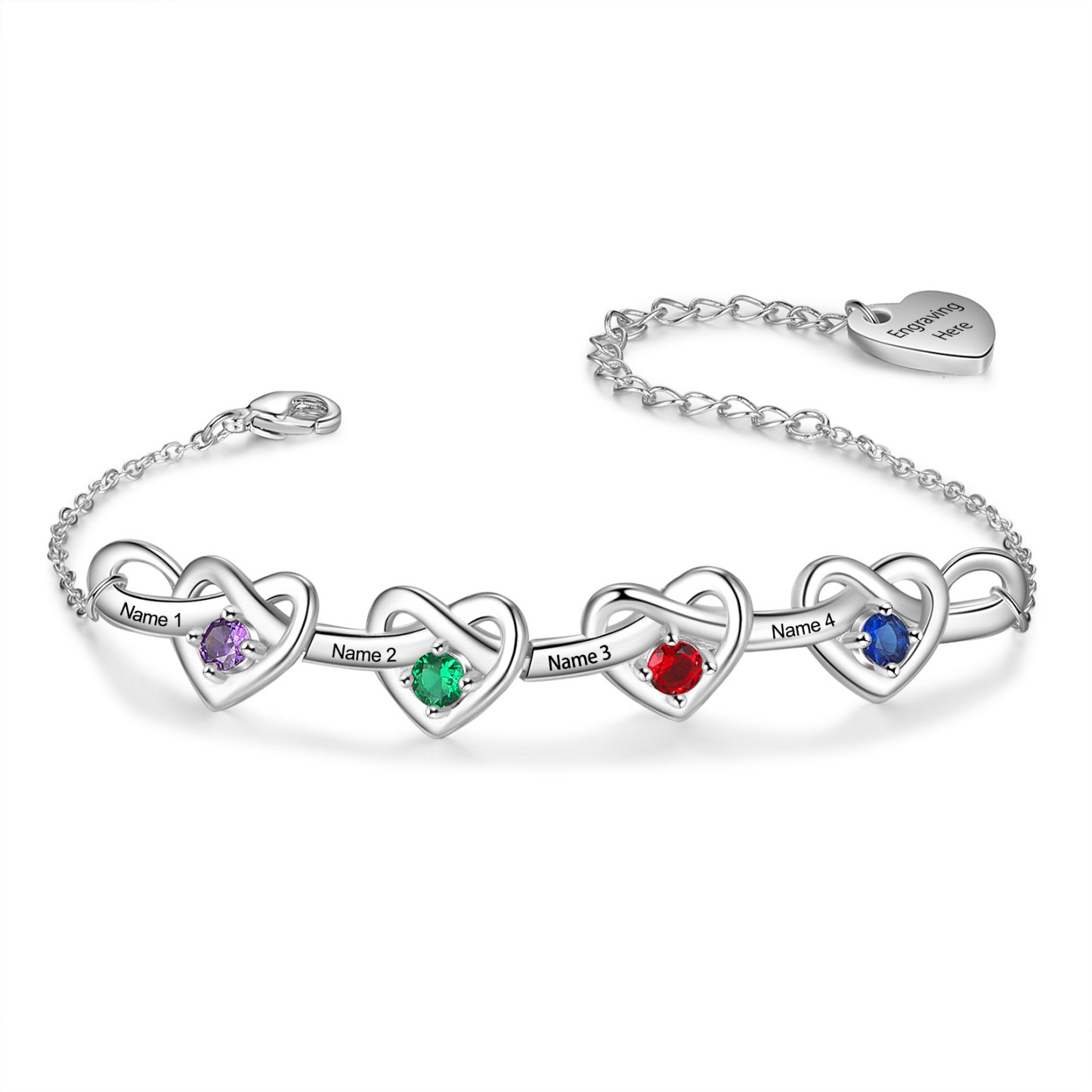 4 Names - Personalised Linked Heart Bracelet Custom Names & Birthstones & Text Bracelets Birthday Gift For Her-Jessemade AU