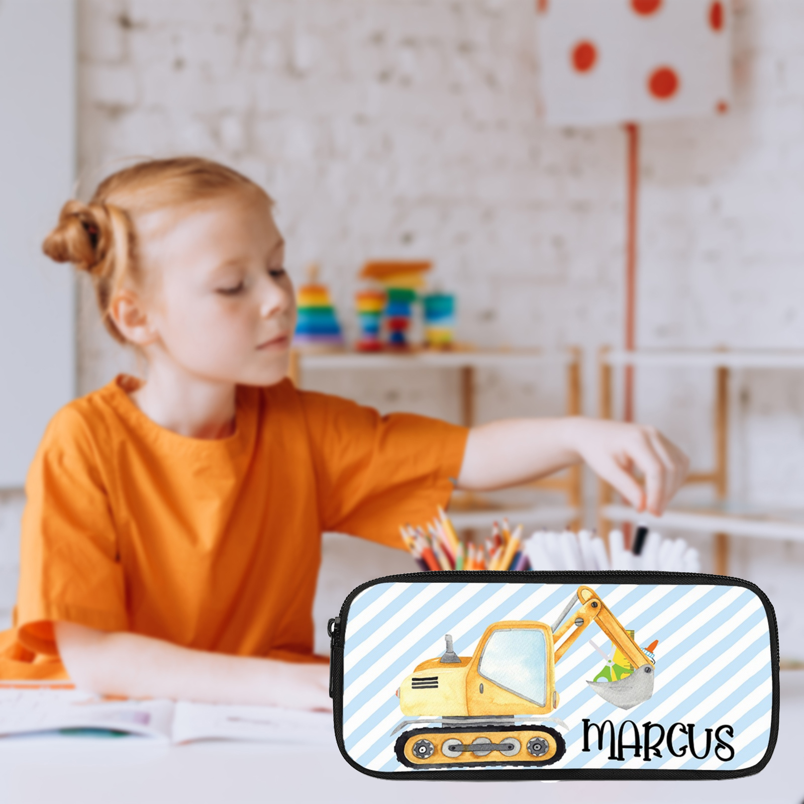 Personalised  Name Pencil Case Yellow Excavator Pen Bag Zipper Back to School Gifts for Student-Jessemade AU