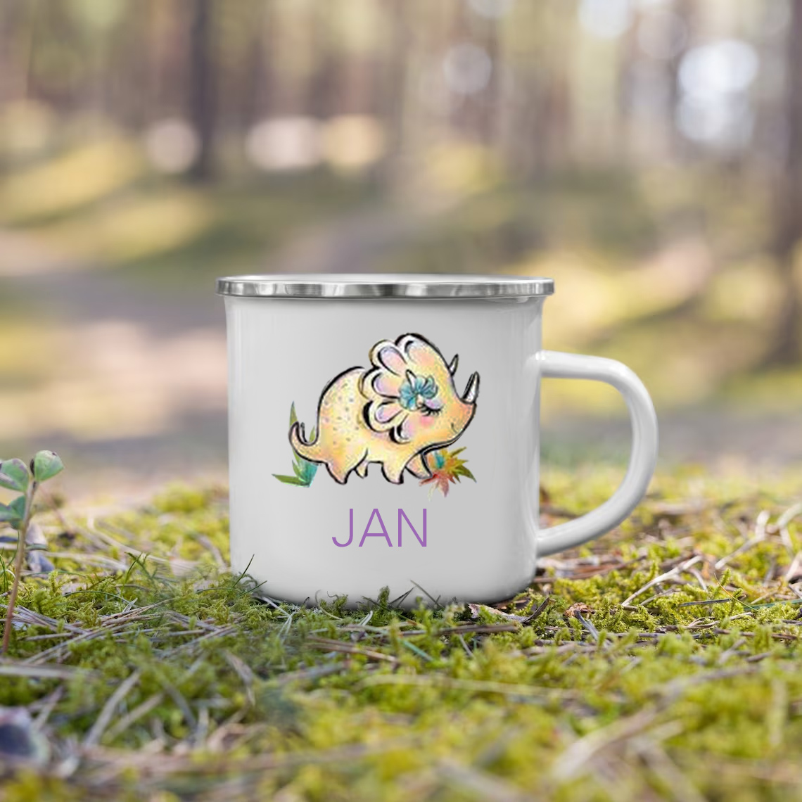 Personalised Enamel Mug Customised Name Dinosaur Cup Camping Mug Birthday Gift for Kids - Triceratops-Jessemade AU
