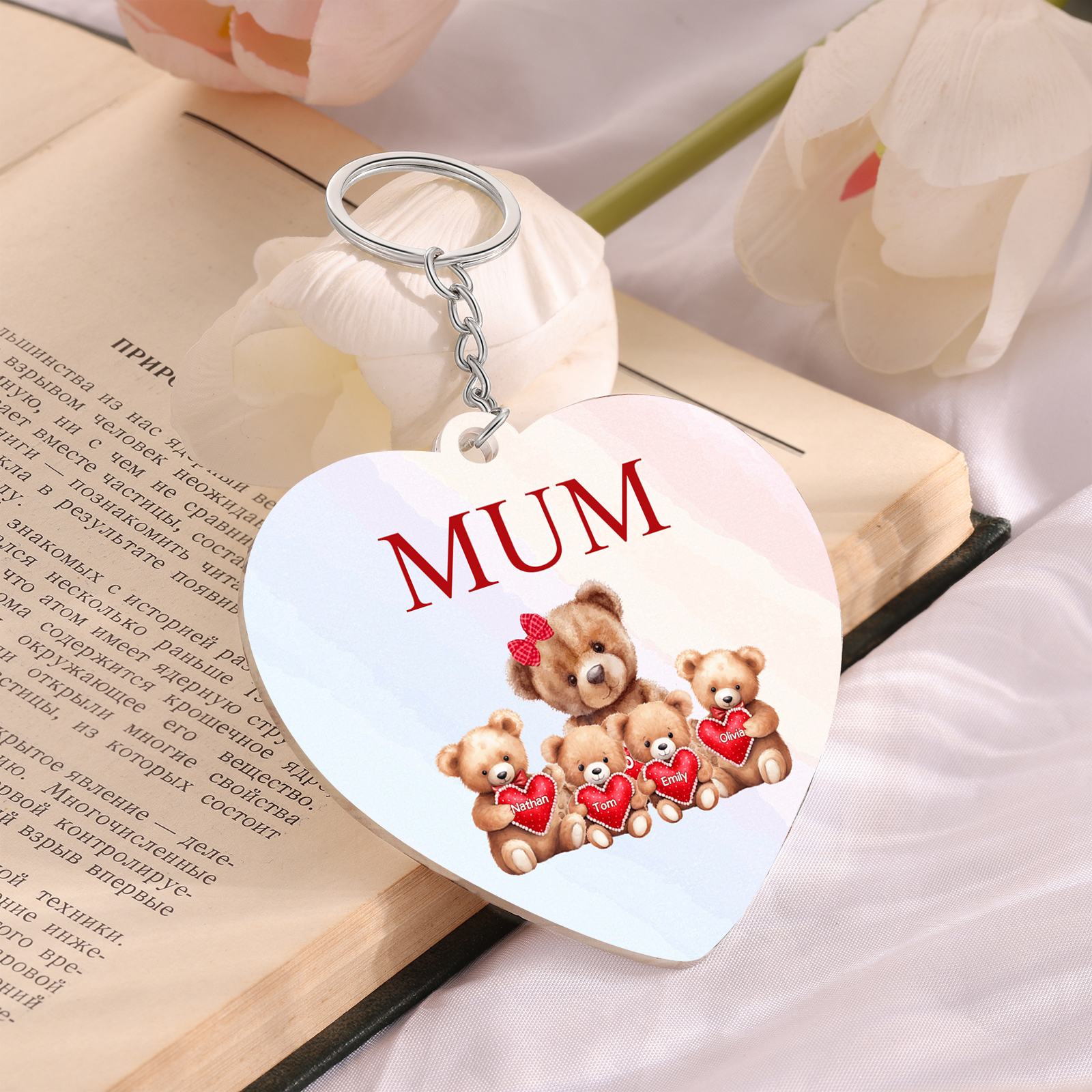 4 Names - Personalised Acrylic Keychain Custom 1 Text Teddy Bears Family Hanging Ornaments Gift for Mum/Grandma-Jessemade AU