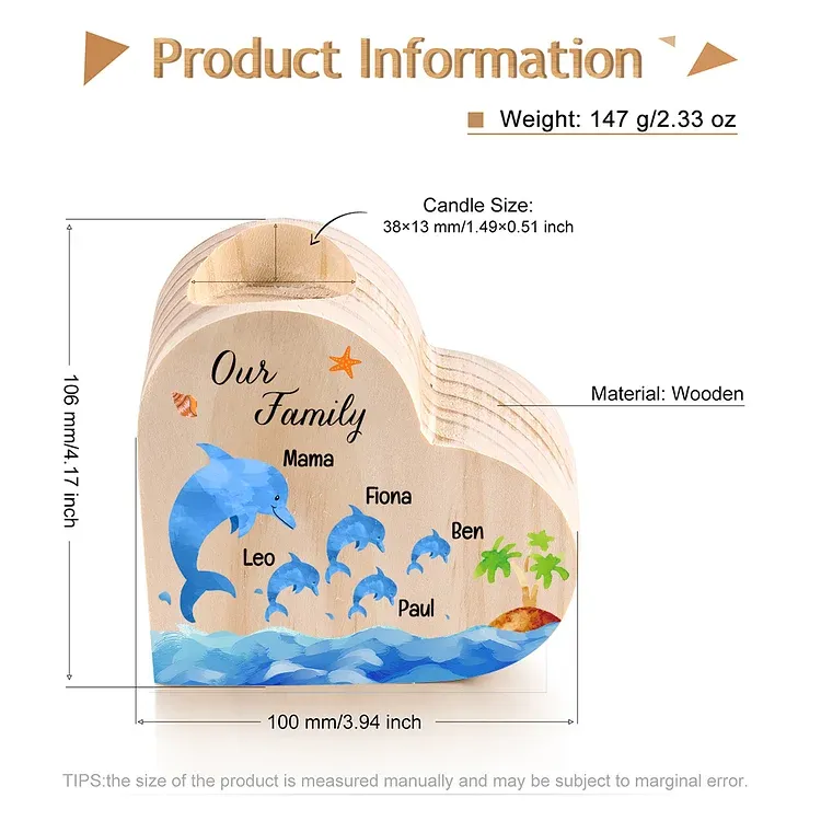 Family Dolphin Heart Candle Holder Personalised Wooden Candlestick Custom 5 Names-Jessemade AU