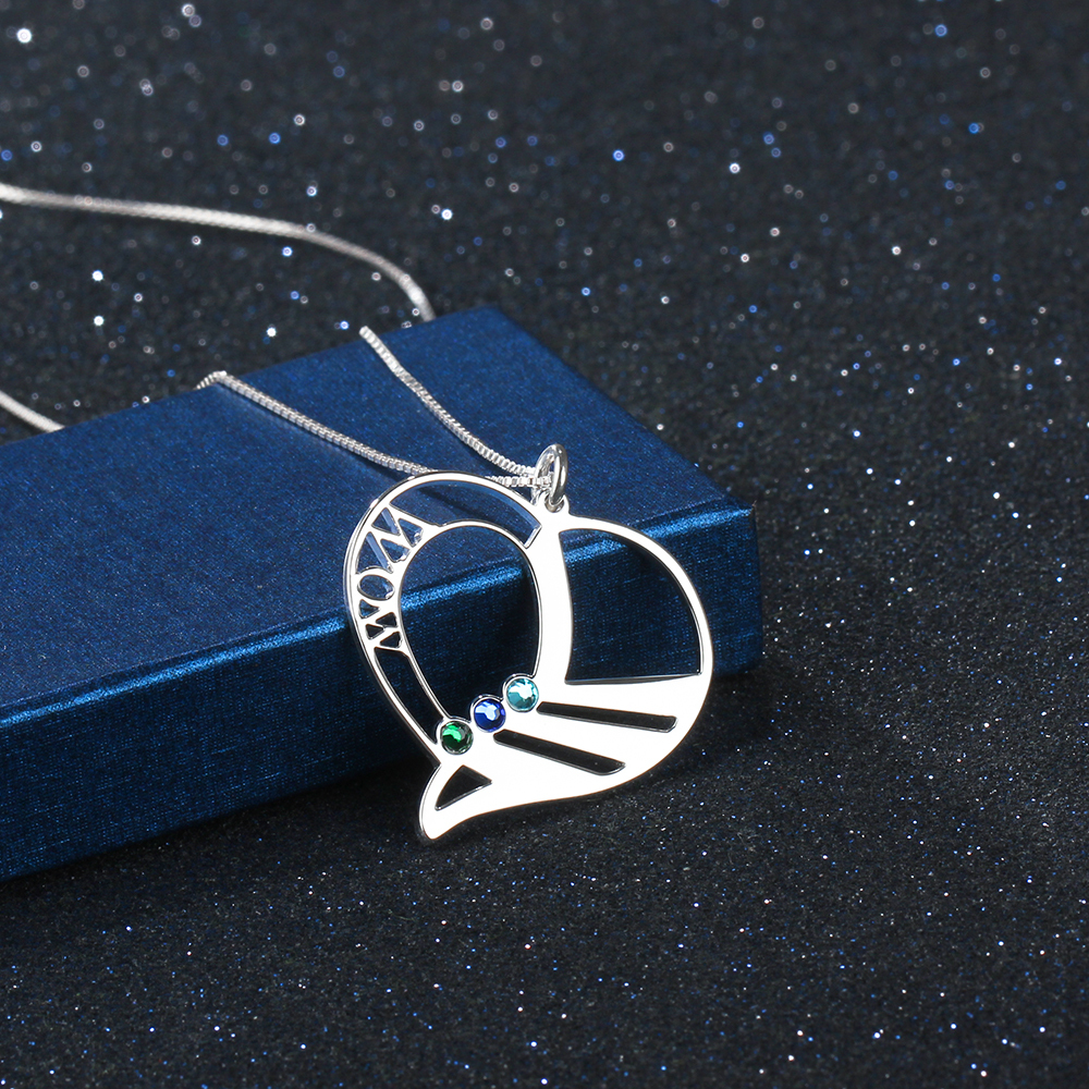 Personalised Heart Necklace With 3 birthstones Engraved Names Gift For Mother-Jessemade AU