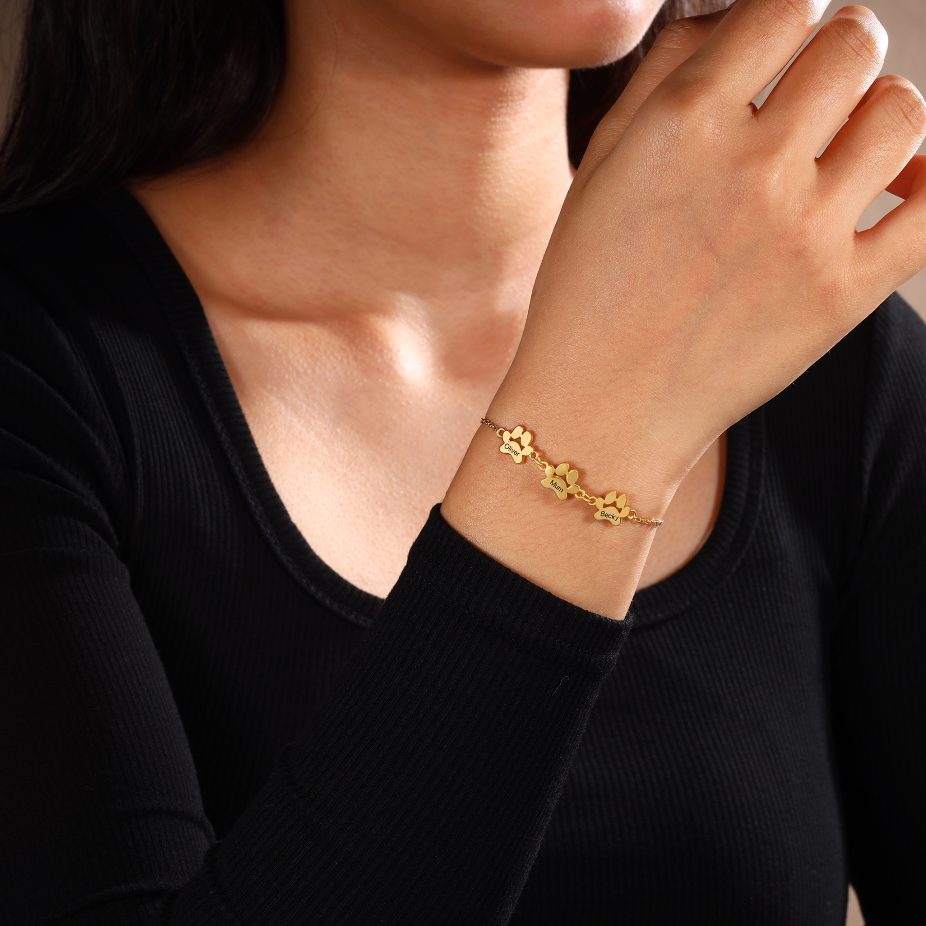 Pet Paw Custom 3 Names Bracelet Gold Adjustable Bracelet Dog Cat Paw Personalised Birthday Gift for Her-Jessemade AU