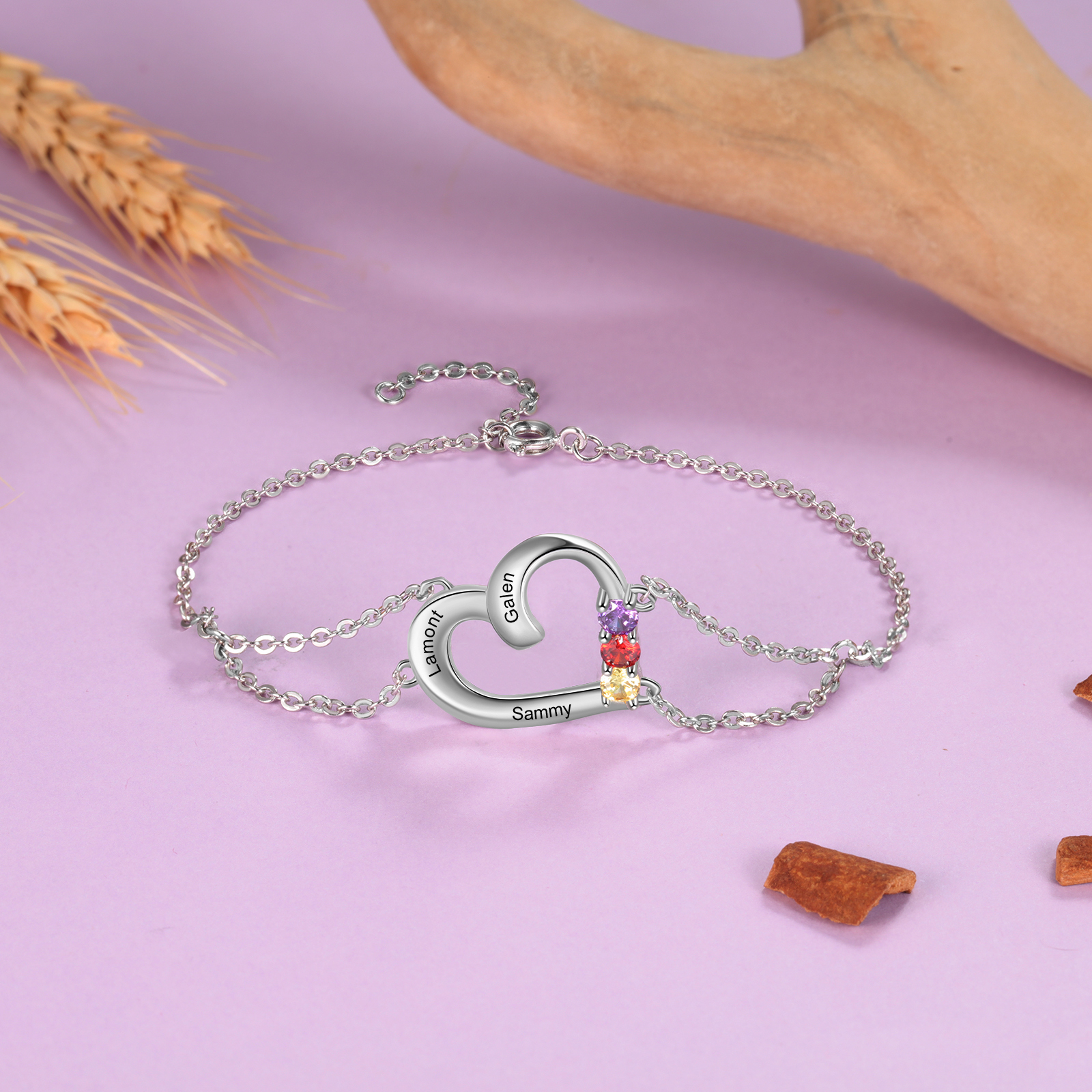 Personalised Heart Bracelet With 3 Birthstones Engraved Names Gift For Women-Jessemade AU
