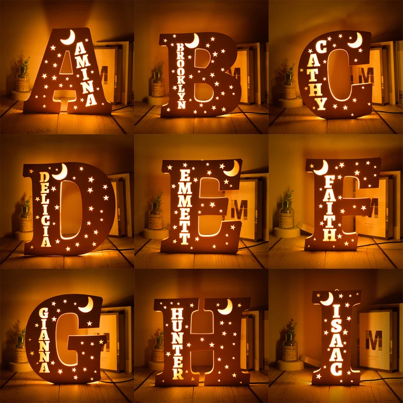 Personalised Big Letter Wooden LED Night Light Engraved 1 Name Lamp-Jessemade AU