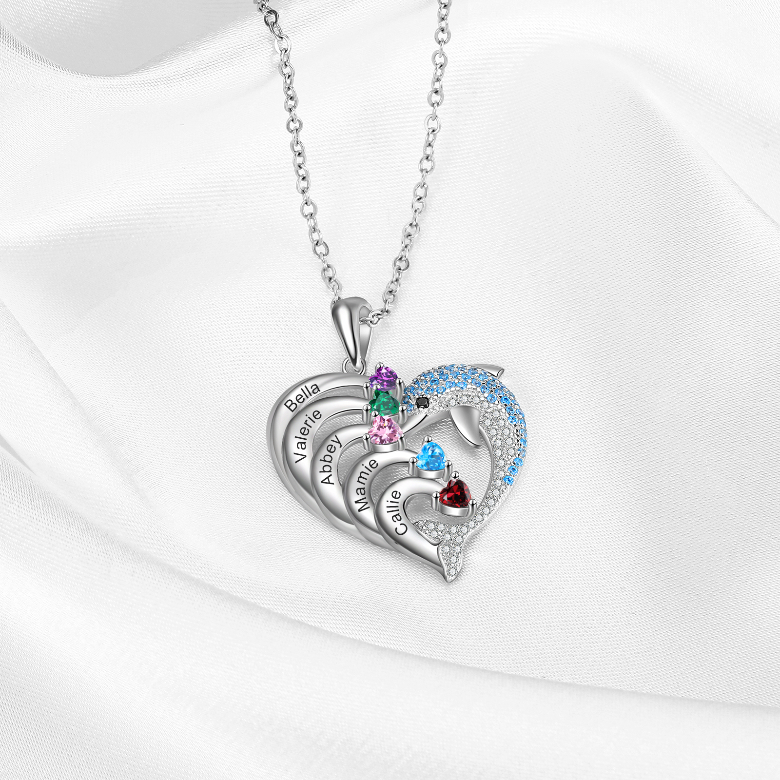 Personalised Heart Dolphin Necklace With 5 Birthstones Engraved Names Gift For Mum-Jessemade AU