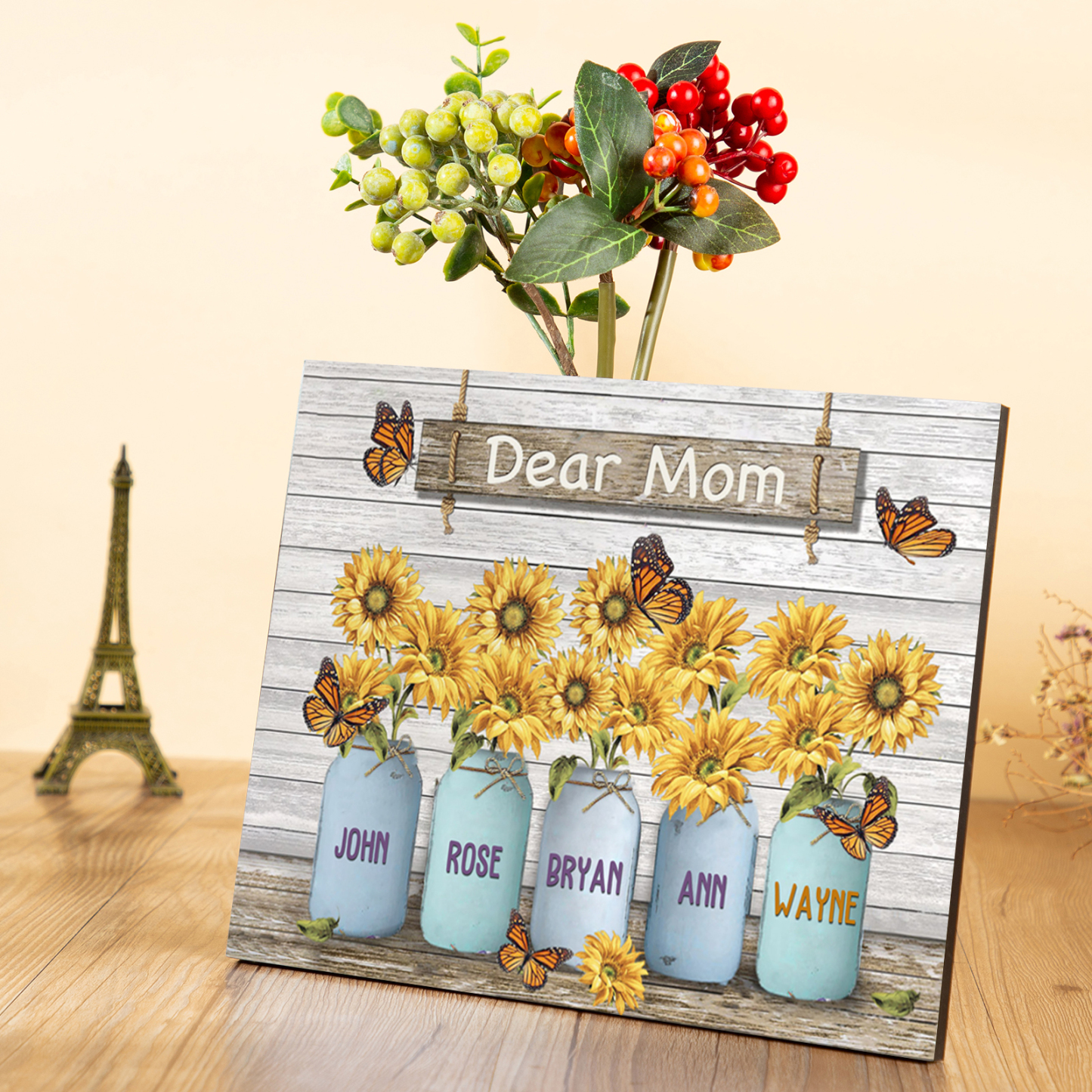Dear Mom Sunflowers Picture Board Personalised 5 Kids Names Family Keepsake Wood Signs Photo Frame-Jessemade AU