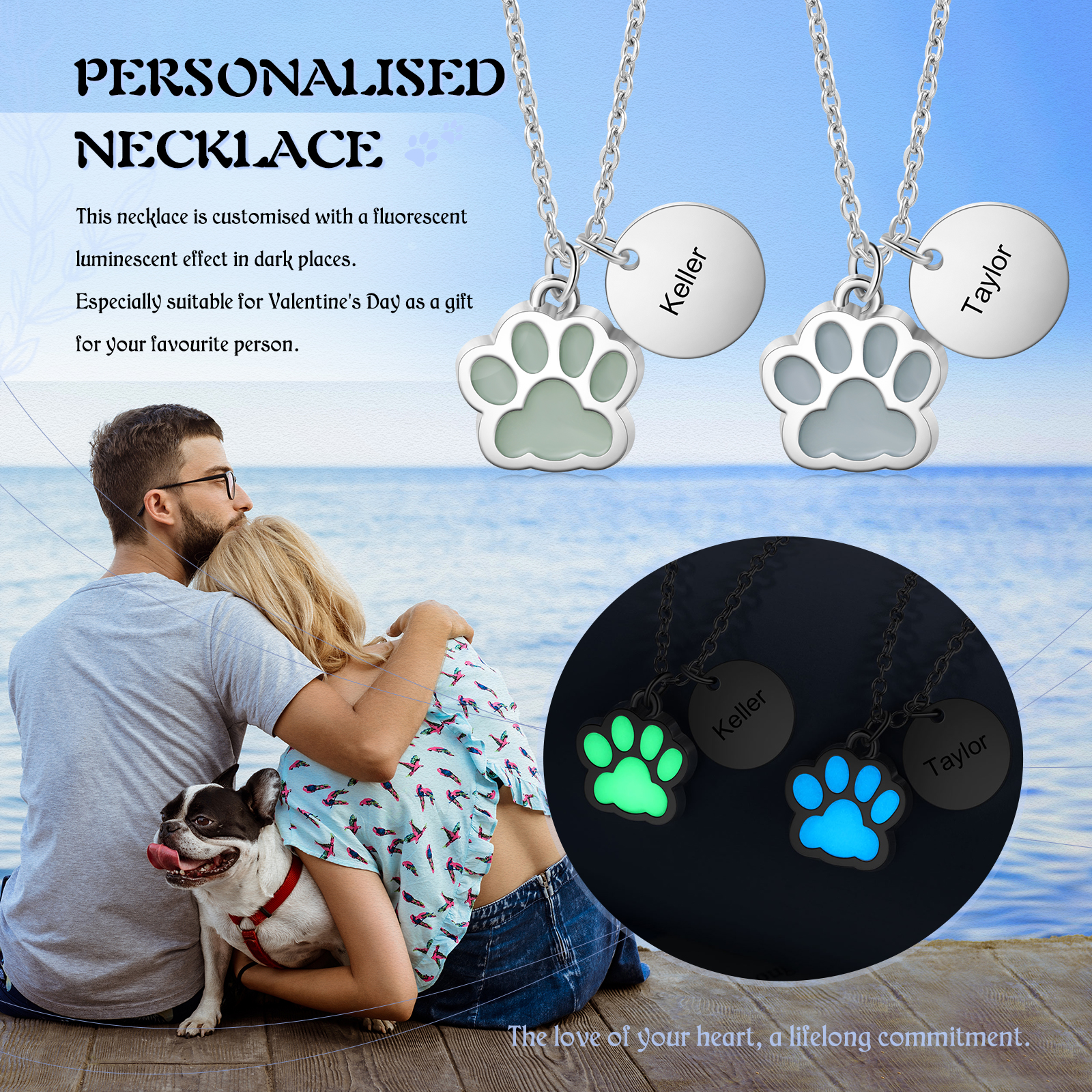 Personalised Dog Paw Pendant Necklace Customised Name Fluorescent Necklace Creative Gift for Her/Him-Jessemade AU