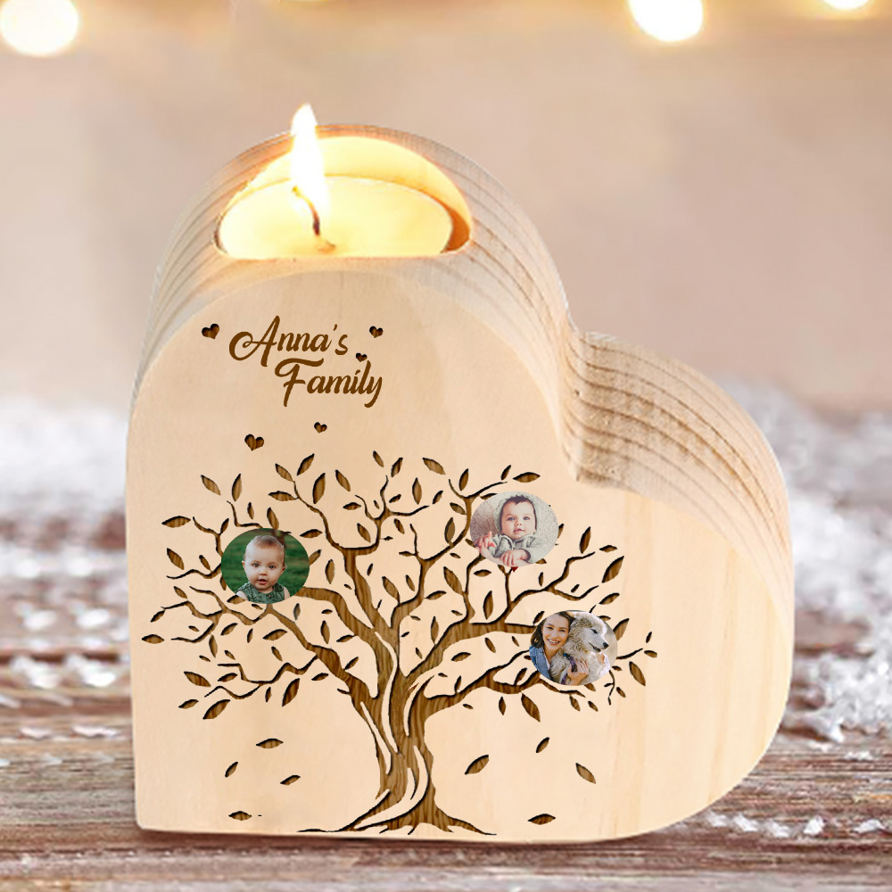 Family Photo Wooden Heart Candle Holder Custom 3 Photos Family Tree Candlesticks-Jessemade AU