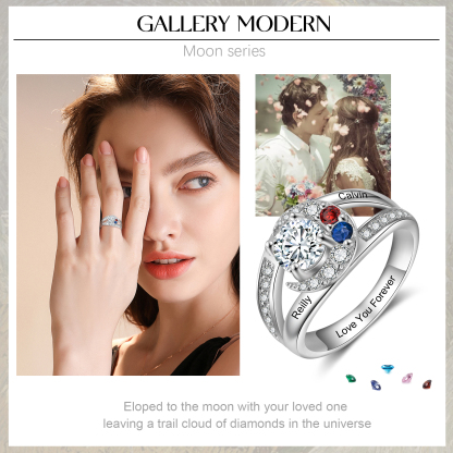 Personalised Moon Star Ring With 2 Birthstones Custom Names Best Gift For Women-Jessemade AU