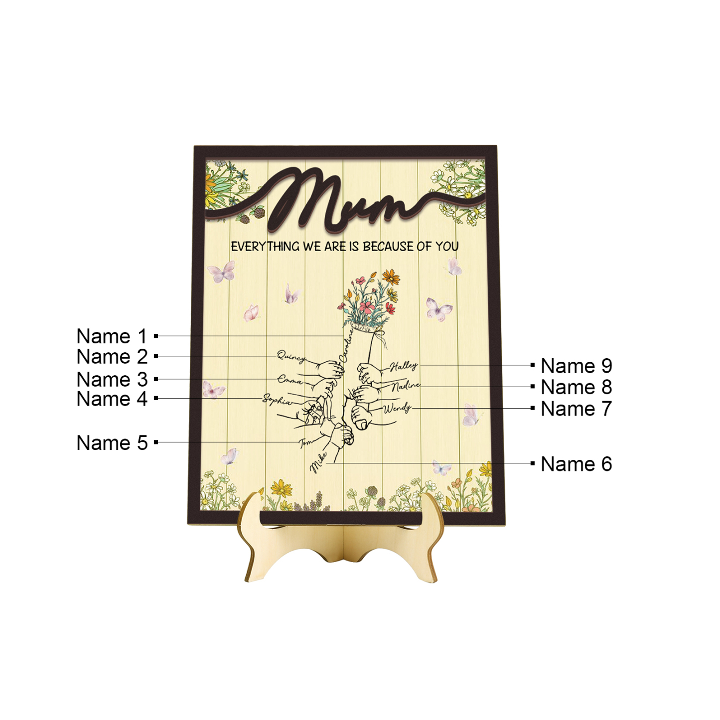 Personalised 9 Names Wooden Plaque Holding Mum's Hand Desktop Decoration With Stand - EVERYTHING WE ARE IS BECAUSE OF YOU-Jessemade AU