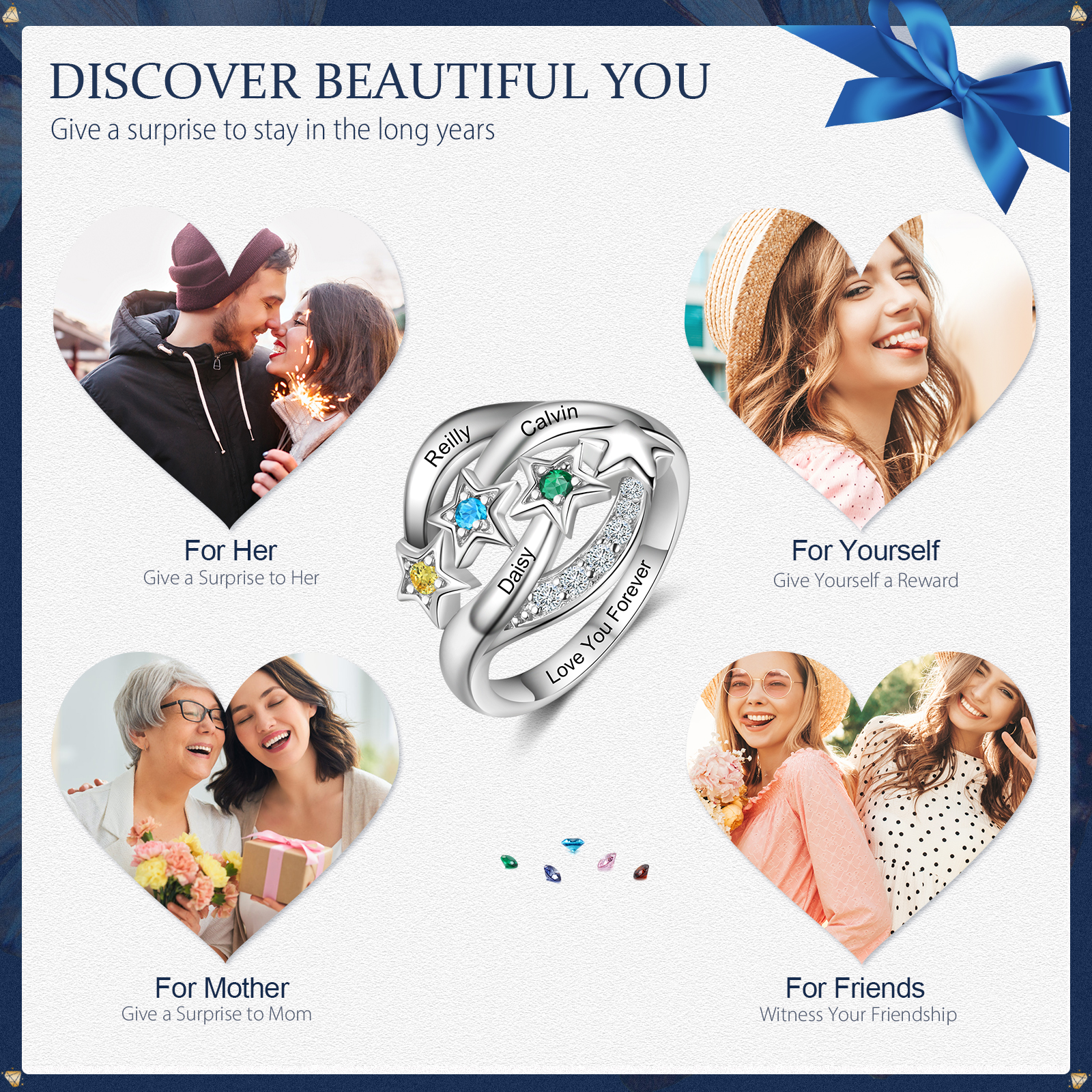 Personalised Star Ring With 3 Birthstones Engraved Names Ring Gift For Women-Jessemade AU