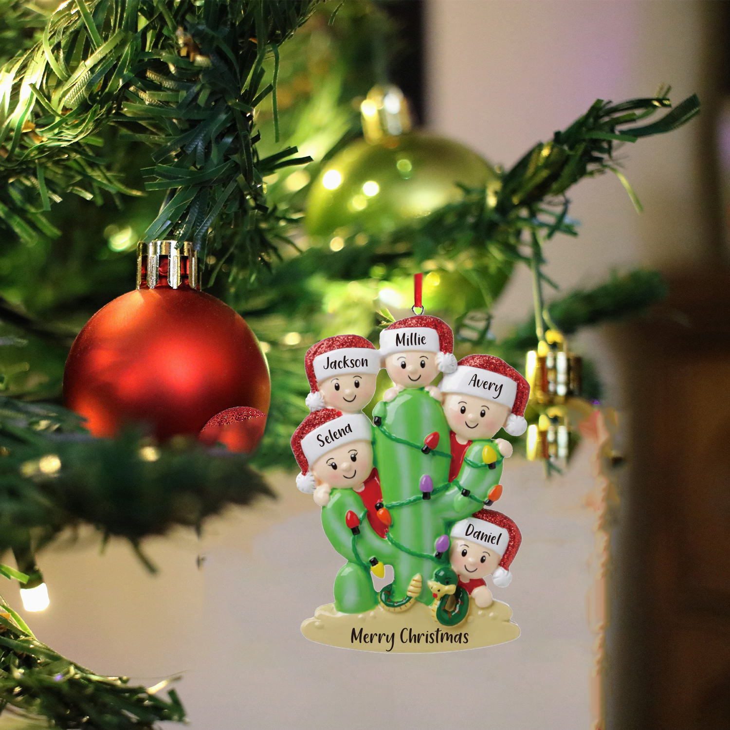 5 Names - Personalised Cactus Ornament Customised Name & Text Christmas Tree Wooden Decor Gift for Family and Friends-Jessemade AU