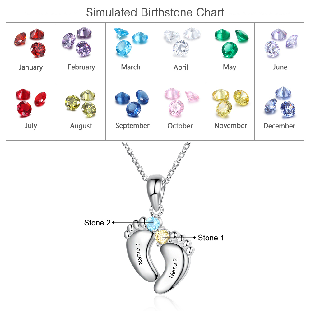 Personalised Baby Foot Necklace With 2 Birthstones Engraved Names Gift For Mother-Jessemade AU