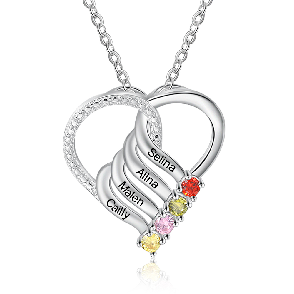 Personalised Heart Necklace With 4 birthstones Engraved Names Gift For Mother-Jessemade AU