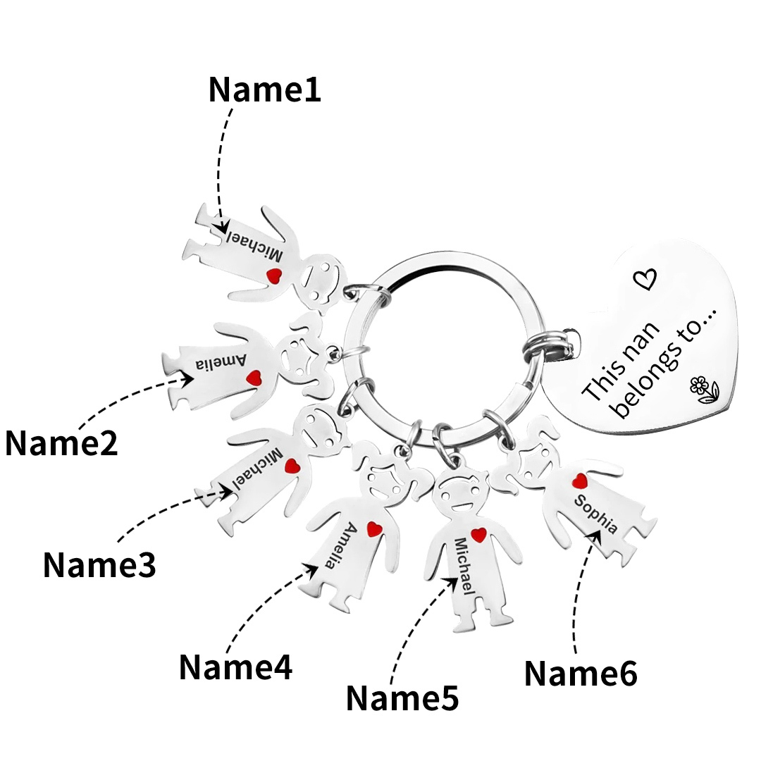 6 Names - Personalised Keychain with Kid Charm Engraved Names Keychain Heart Gift for Nan/Mum-Jessemade AU