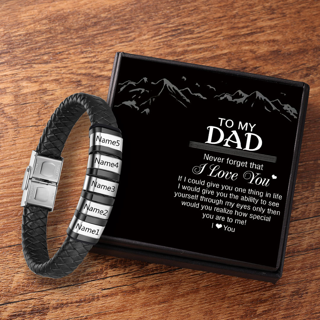 Men Leather Braided Bracelet Personalised with 5 Names 5 Beads Gift For Father's Day-Jessemade AU