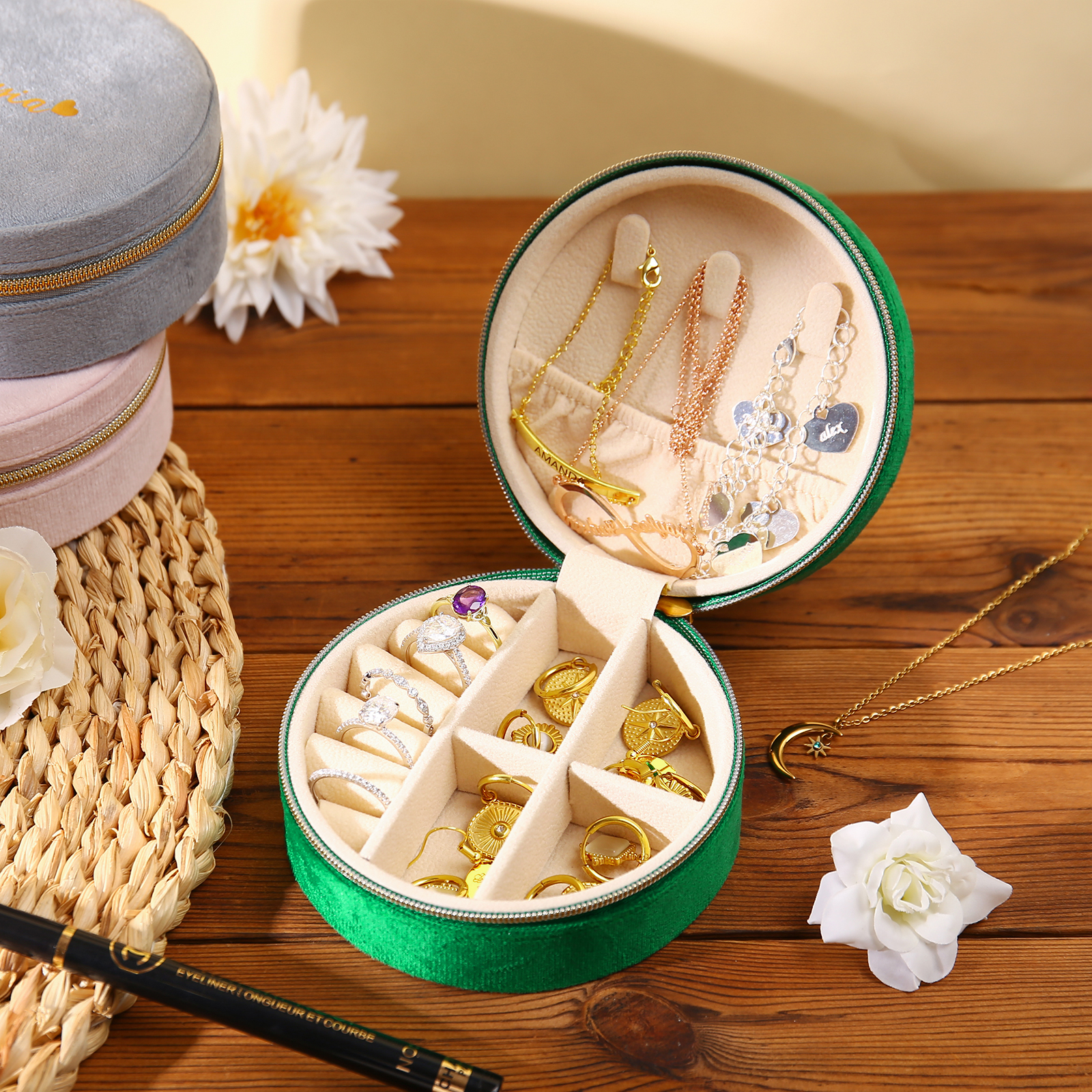 Personalised Name Jewelry Storage Box Custom Travel Jewelry Box Circle Box Gifts for Ladies Girls-Jessemade AU