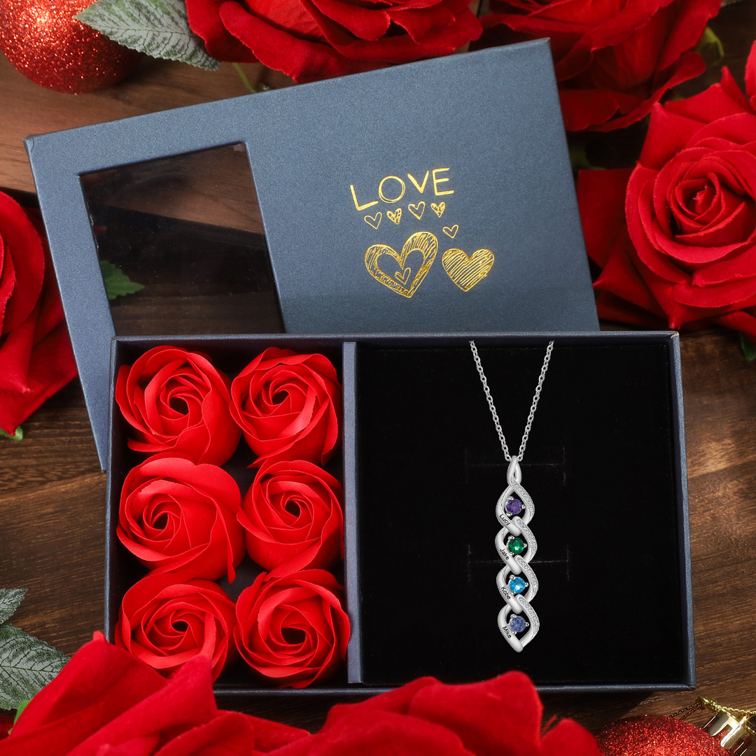 Personalised Twisted Pendant Necklace Custom 4 Birthstones & 4 Names Necklace