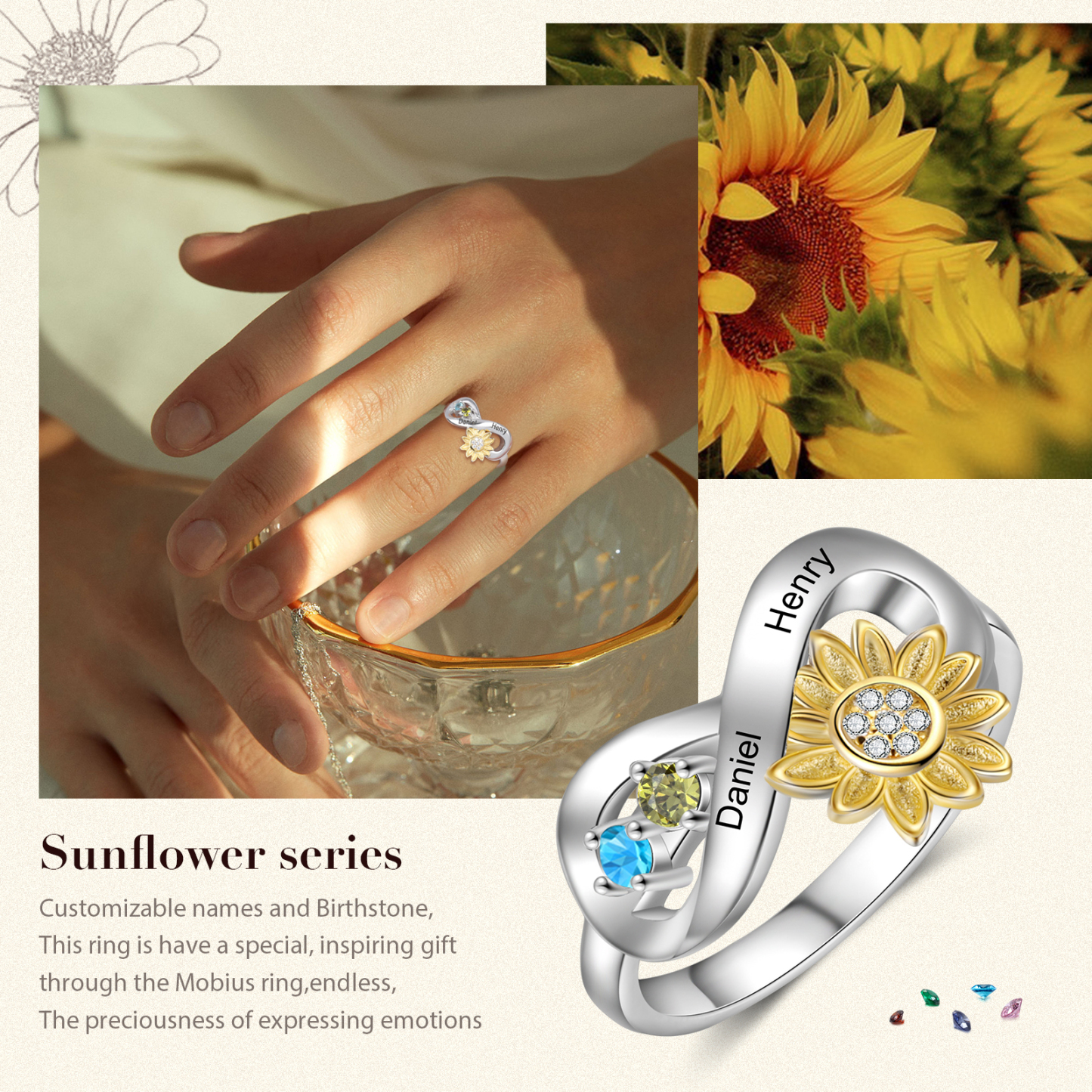 Personalised 2 Birthstones Sunflower Ring Engraved Names Infinity Ring Gifts For Her-Jessemade AU