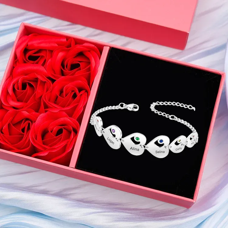 6 Names - Personalised Heart Bracelet Custom Names & Birthstones Family Bracelet Gifts for Her-Jessemade AU