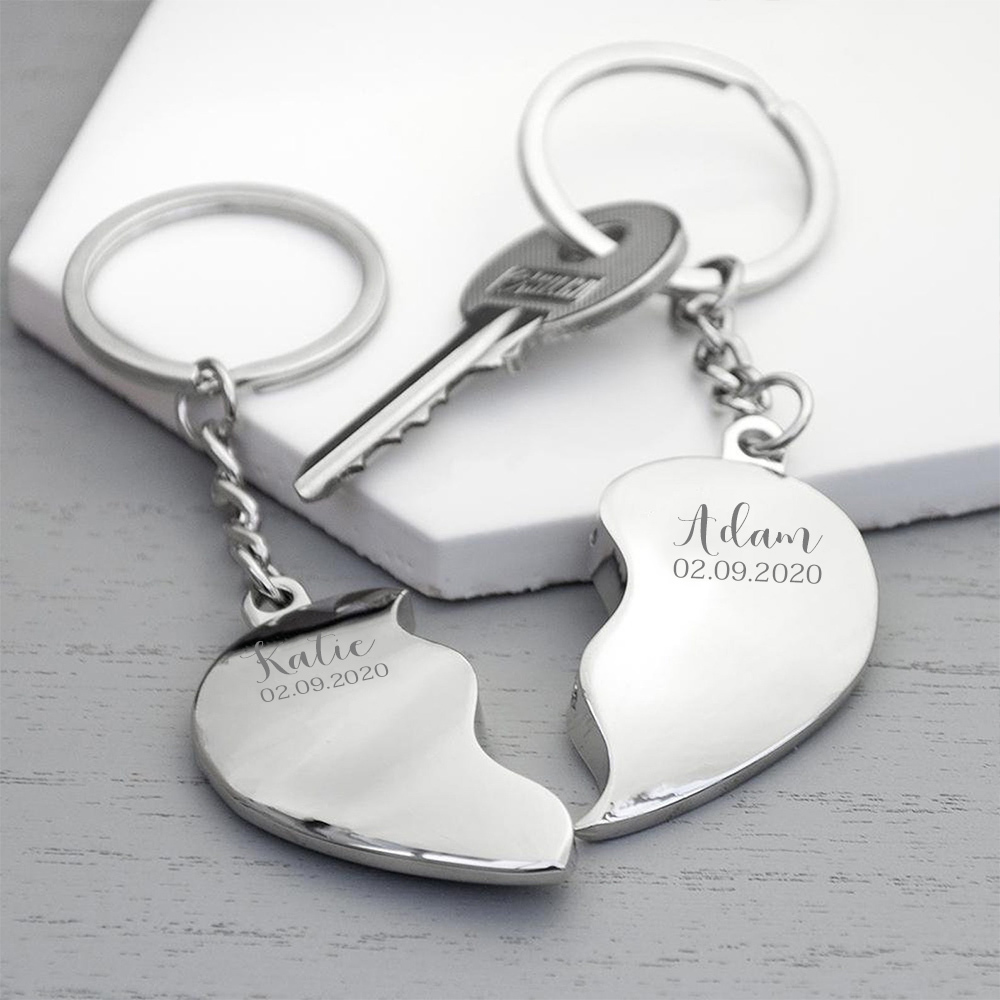 Personalised Couple Heart Keychain Set Custom 2 Names & Date Matching Couple Keyring Valentine's Day Gifts For Couples-Jessemade AU