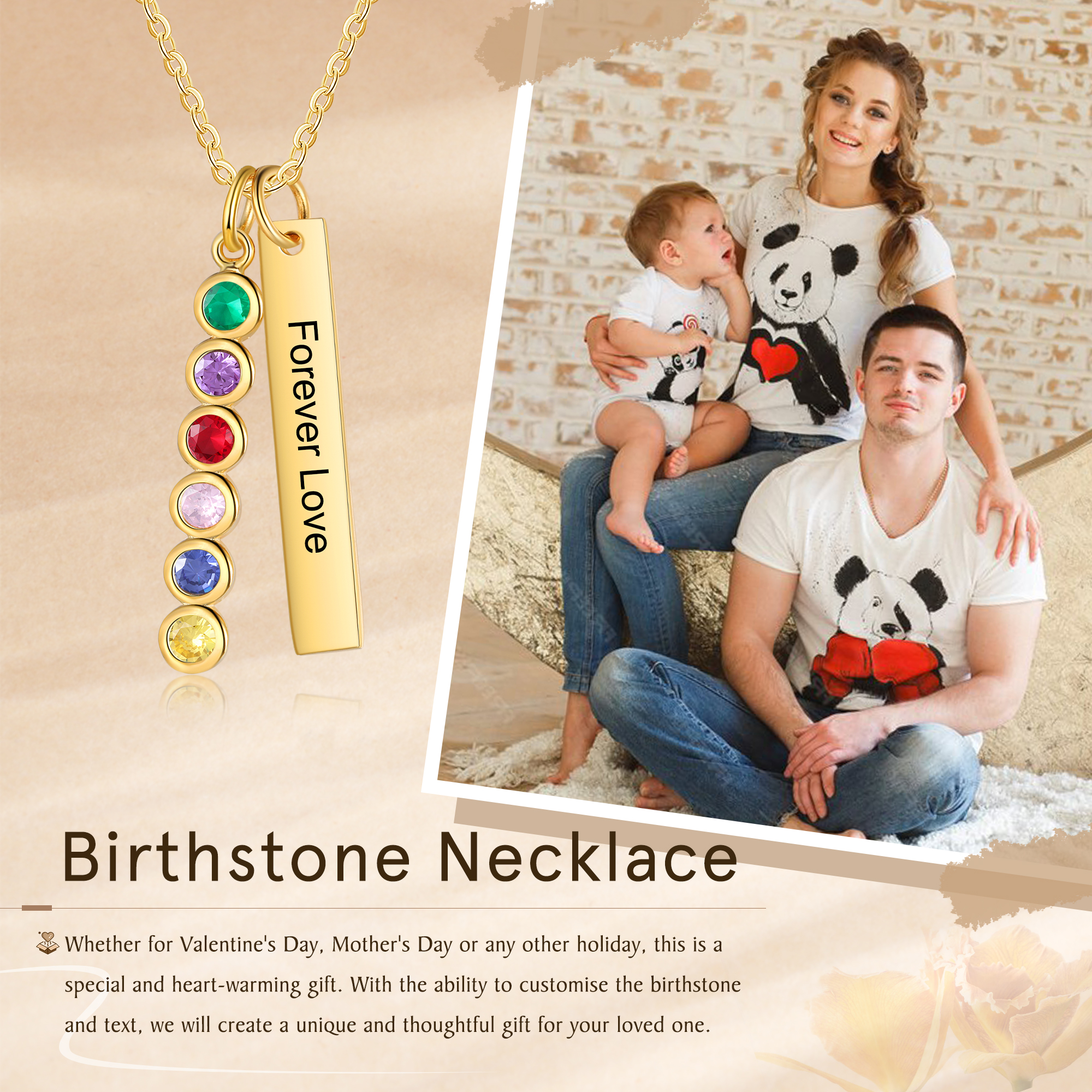 Personalised Bar Pendant Necklace Custom 6 Birthstones & 1 Text Necklace Birthday Gift for Her-Jessemade AU