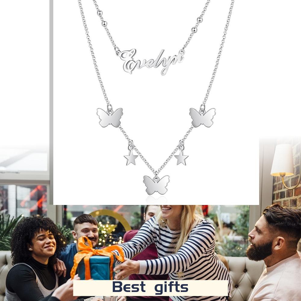 Personalised Stacked Butterfly Necklace Custom 1 Name Necklace Gift For Her-Jessemade AU
