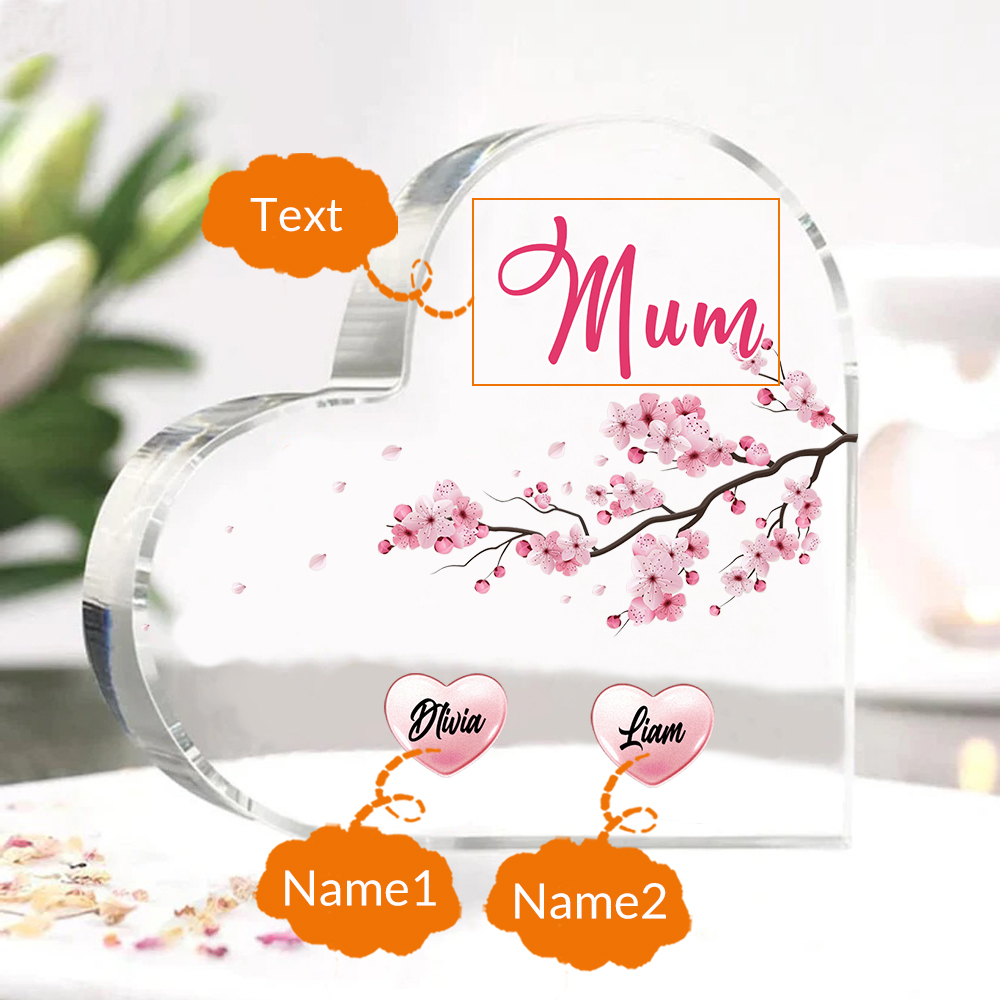 2 Names - Personalised Acrylic Heart Keepsake Custom Text Peach Blossom Ornaments Gifts for Grandma/Mother-Jessemade AU
