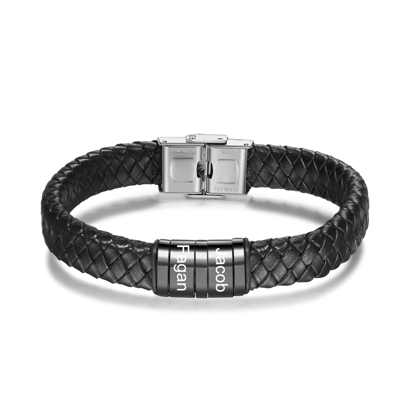Men Leather Braided Bracelet Personalised with 2 Names Black-Jessemade AU