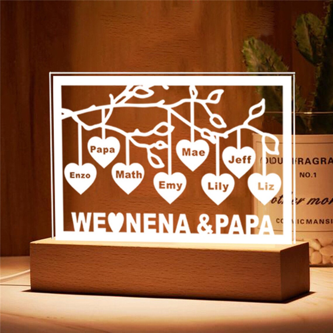 Personalised Family Tree Night Light LED Sign Engraved 8 Names Plaque USB Power Lamp-Jessemade AU
