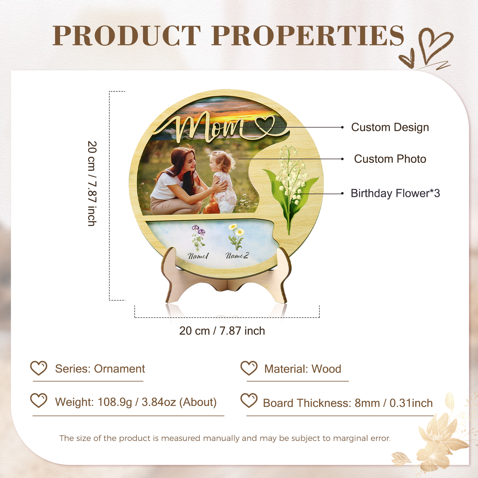 Personalised Photo & Text Wooden Plaque Custom 3 Birth Flowers & 2 Names Wooden Sign With Stand Gifts for Mum/Nana-Jessemade AU