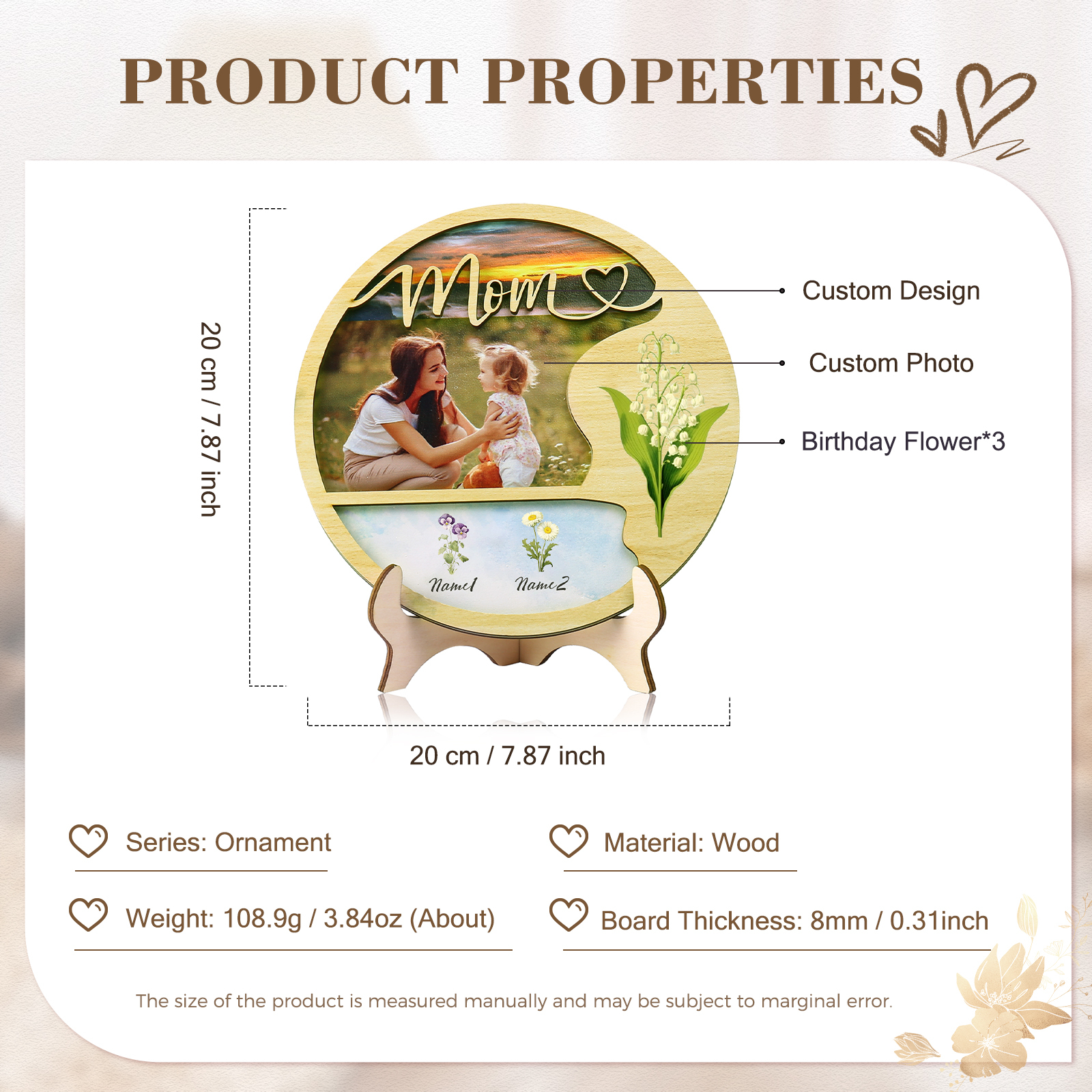 Personalised Photo & Text Wooden Plaque Custom 3 Birth Flowers & 2 Names Wooden Sign With Stand Gifts for Mum/Nana-Jessemade AU