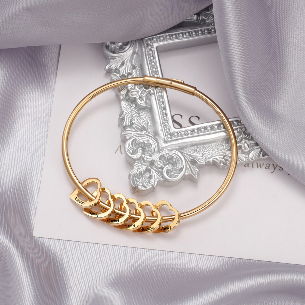 Personalised Love Bangle Bracelet with 4 Heart Charms Engraved 4 Names Bracelet for Her-Jessemade AU