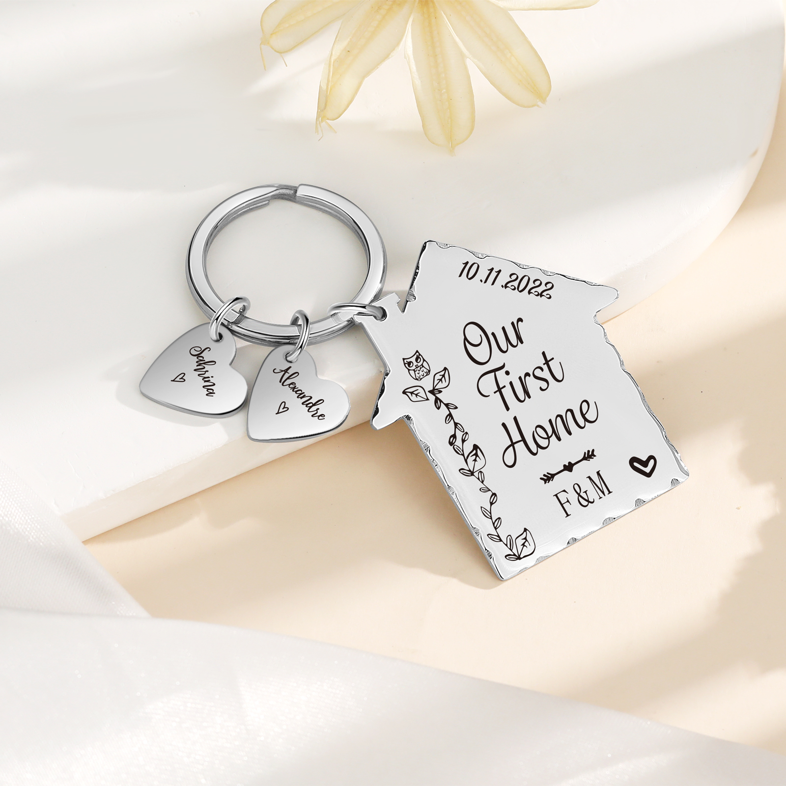 Our First Home Keychain Custom 2 Names & Letters & Date Keyring Stainless Steel Personalised Gift for Couples-Jessemade AU